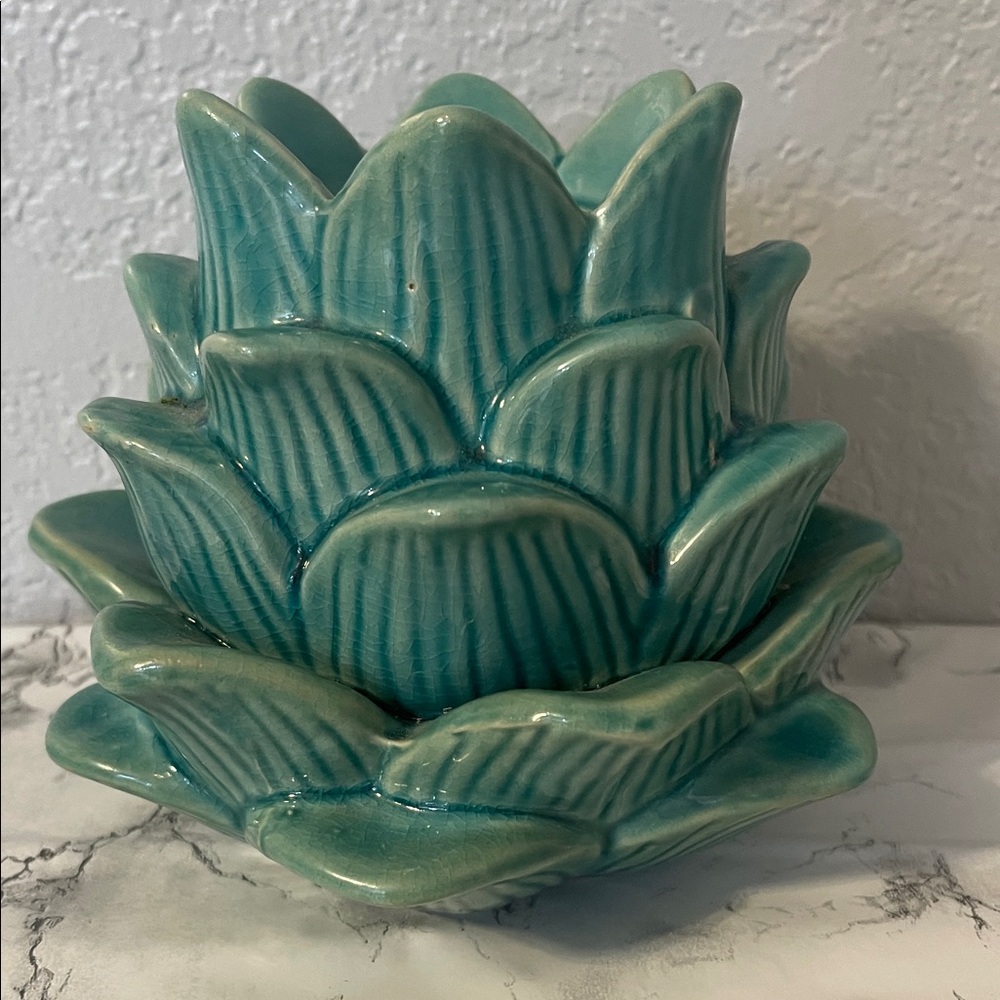 Ceramic Lotus Flower Art Decor - Teal Tea light candleholder.